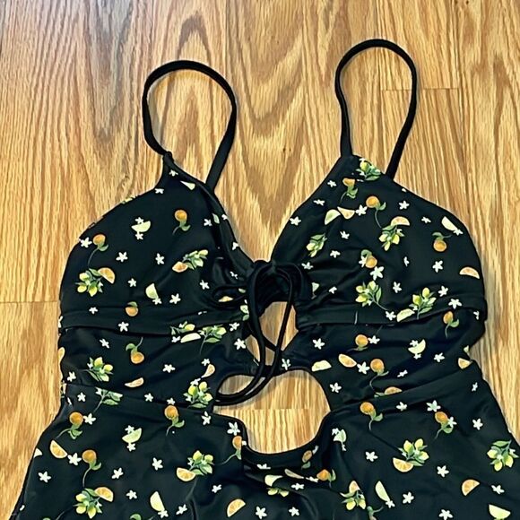 PINK Swimsuit, black, oranges, lemons, blossoms, One Piece, Strappy, sexy, Large - Picture 2 of 6